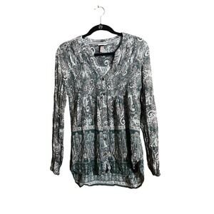 Knox Rose Womens Green Paisley Smocked Empire Waist Button Front Blouse Size M‎